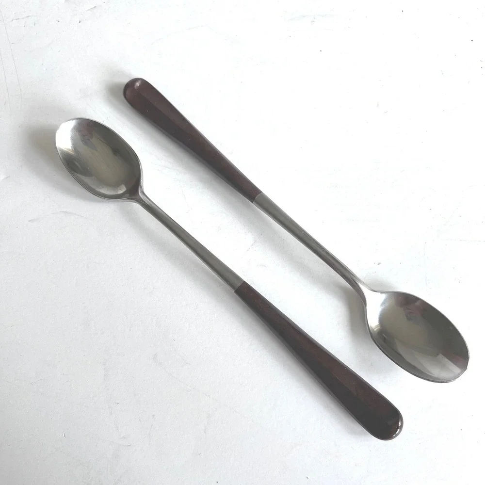 Ekco Eterna Iced Tea Spoons Set of 2 Forged Stainless Japan Brown MCM 7.75 inch
